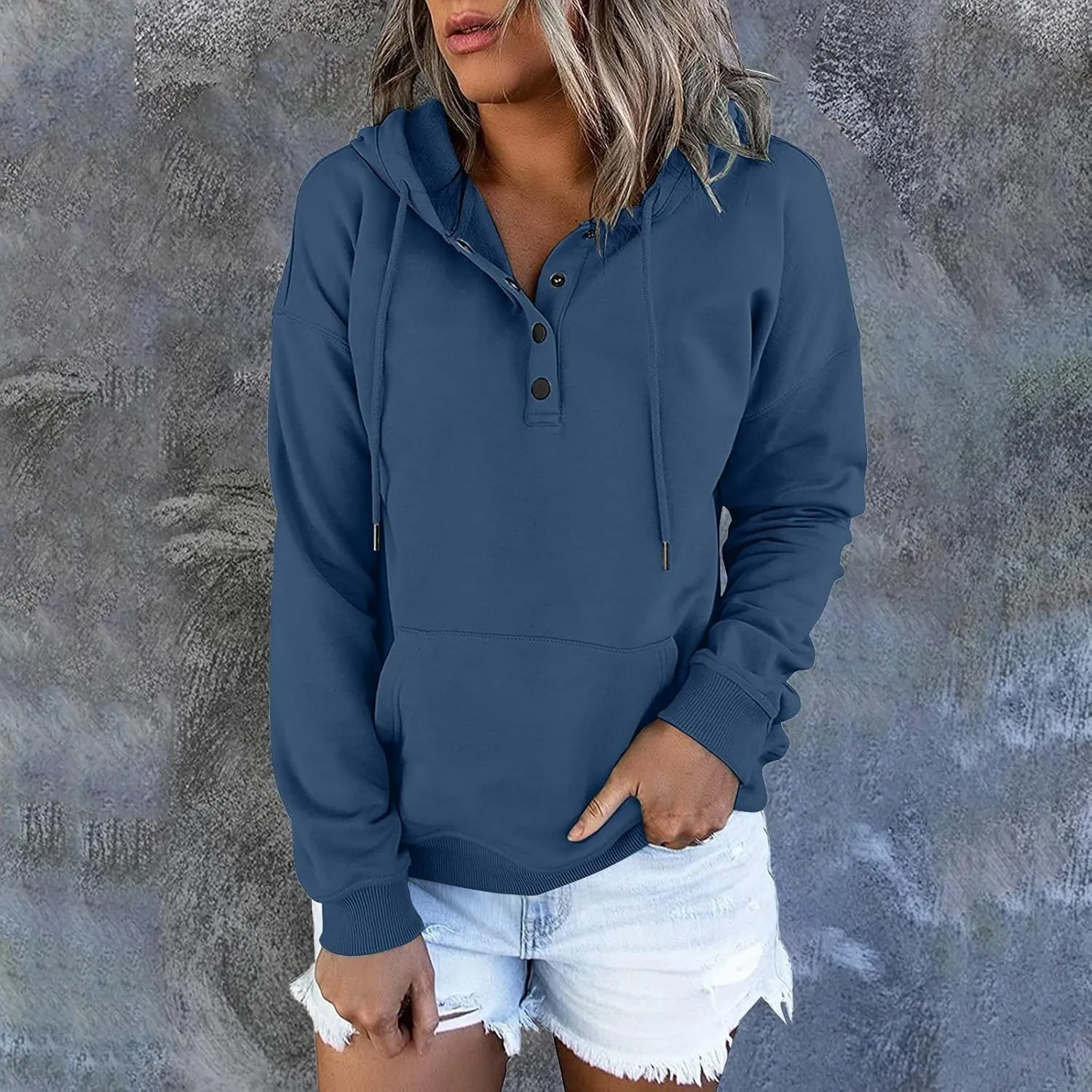 Womens Hoodies Pullover Casual Long Sleeve Button Down Drawstring Hooded Sweatshirts with Pocket Trendy Fall Shirts