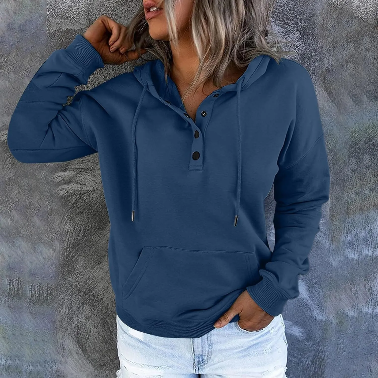 Womens Hoodies Pullover Casual Long Sleeve Button Down Drawstring Hooded Sweatshirts with Pocket Trendy Fall Shirts