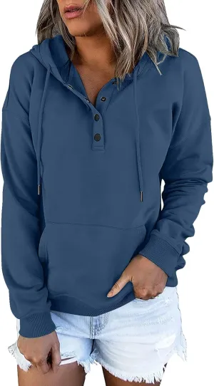 Womens Hoodies Pullover Casual Long Sleeve Button Down Drawstring Hooded Sweatshirts with Pocket Trendy Fall Shirts