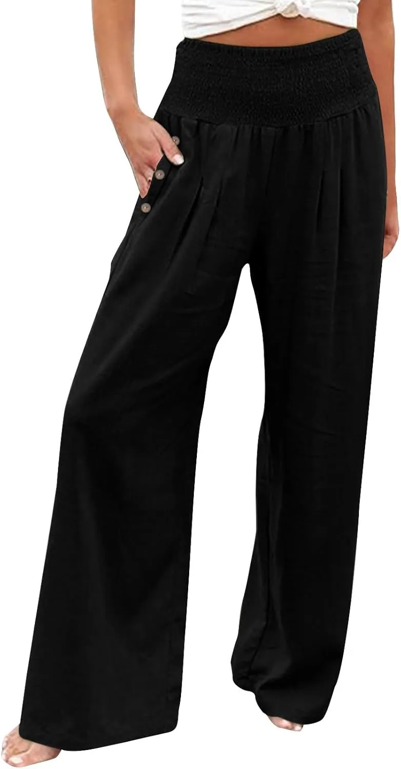 Womens Linen Pants 2025 Summer Trendy Wide Leg High Waist Palazzo Trousers Casual Smocked Flowy Beach Trousers
