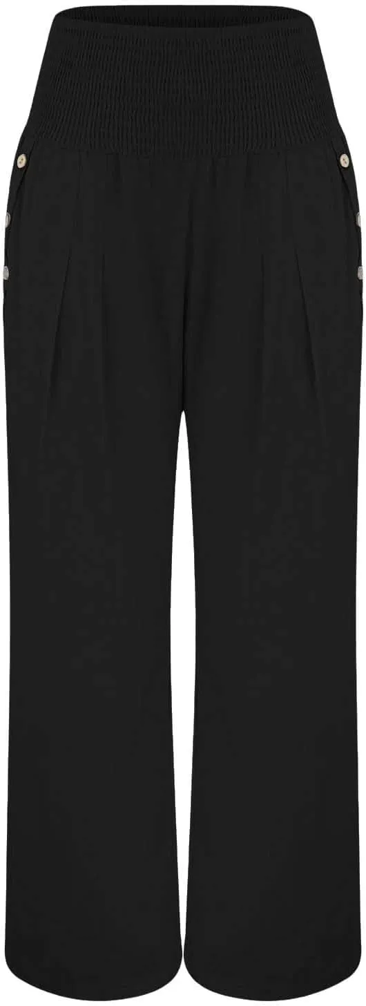 Womens Linen Pants 2025 Summer Trendy Wide Leg High Waist Palazzo Trousers Casual Smocked Flowy Beach Trousers