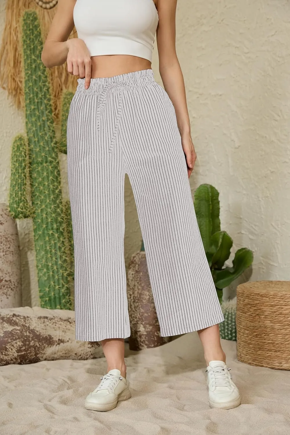 Womens Linen Pants Wide Leg High Waisted Drawstring Casual Flowy Pants with Pockets