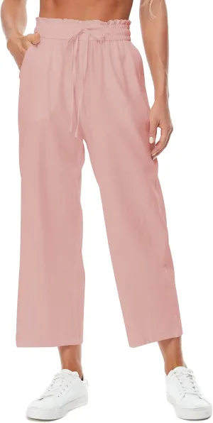 Womens Linen Pants Wide Leg High Waisted Drawstring Casual Flowy Pants with Pockets