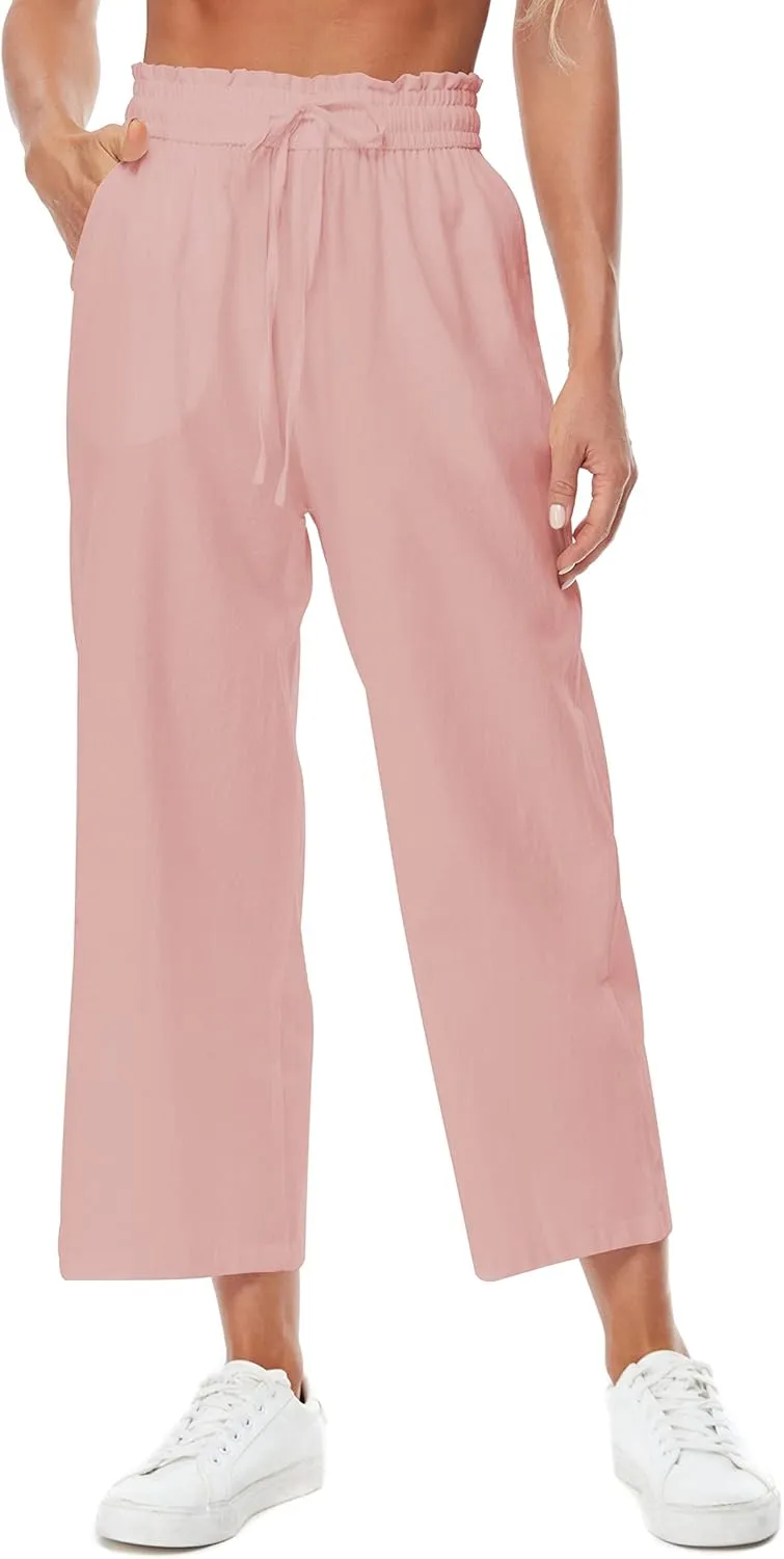 Womens Linen Pants Wide Leg High Waisted Drawstring Casual Flowy Pants with Pockets