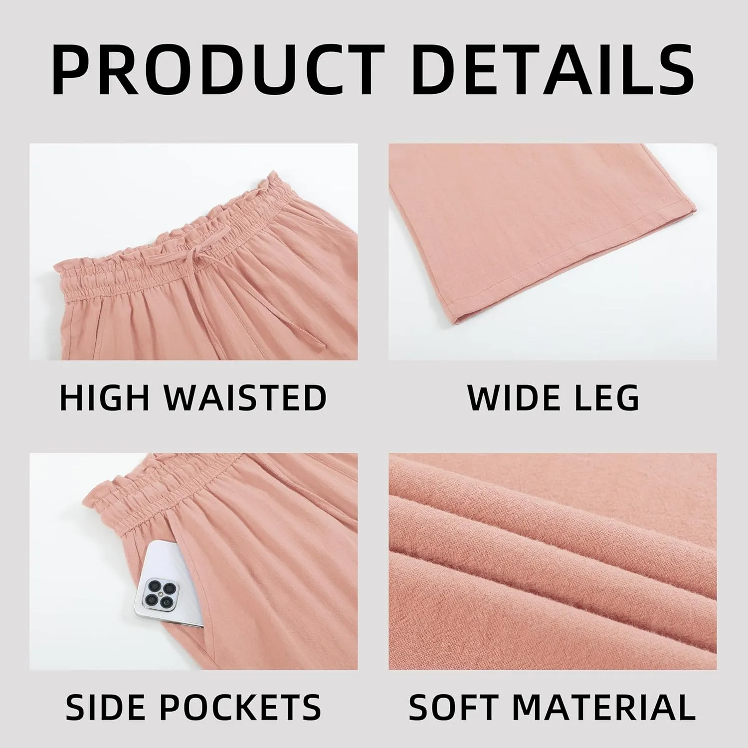 Womens Linen Pants Wide Leg High Waisted Drawstring Casual Flowy Pants with Pockets