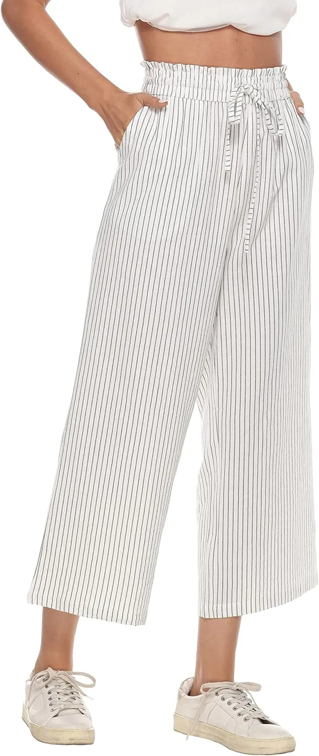 Womens Linen Pants Wide Leg High Waisted Drawstring Casual Flowy Pants with Pockets