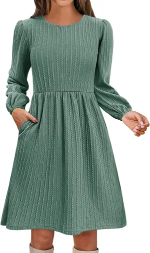 Womens Long Sleeve Knit Sweater Dress Casual Fall Winter Crewneck Mini Dresses A-Line Knee Length Dress
