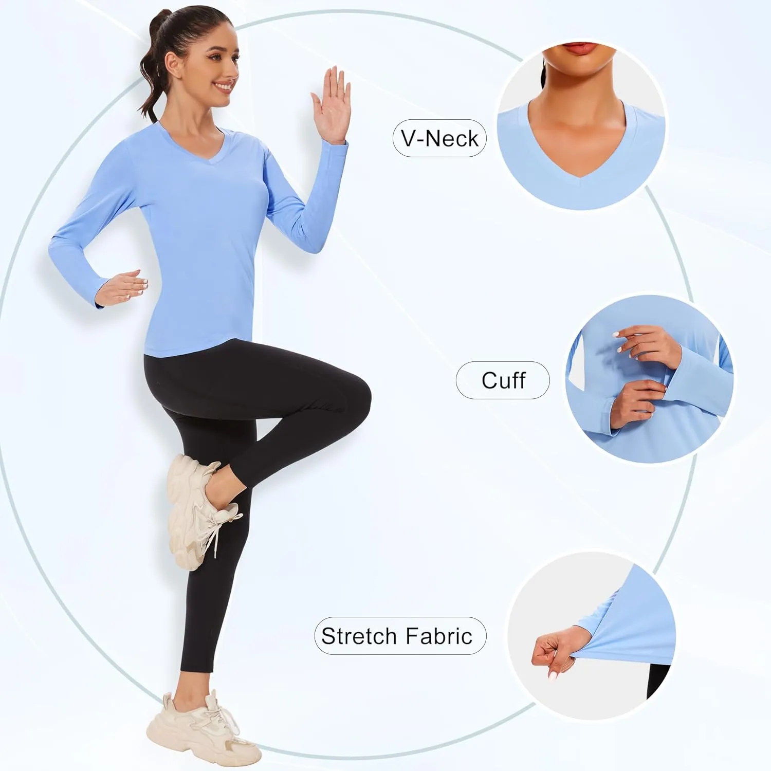Womens Long Sleeve Workout Tops Moisture Wicking Athletic Shirts Running Quick Dry V Neck T Shirts for Women