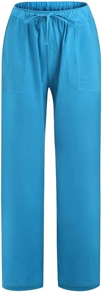 Womens Low-Rise Flowy Linen Pants Summer Beach Relax Fit Sweatpants Aesthetic Drawstring Bootcut Trousers with Pockets