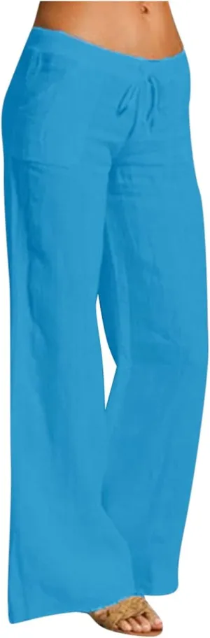 Womens Low-Rise Flowy Linen Pants Summer Beach Relax Fit Sweatpants Aesthetic Drawstring Bootcut Trousers with Pockets