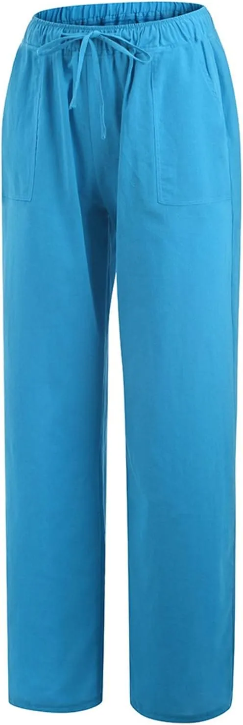 Womens Low-Rise Flowy Linen Pants Summer Beach Relax Fit Sweatpants Aesthetic Drawstring Bootcut Trousers with Pockets