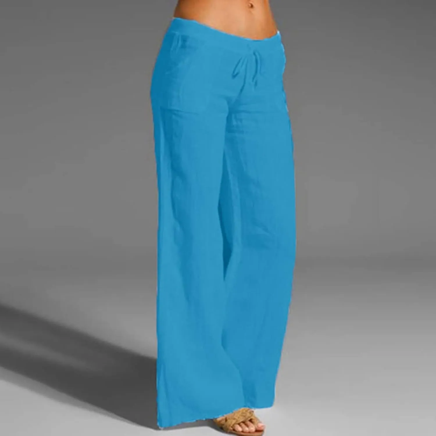 Womens Low-Rise Flowy Linen Pants Summer Beach Relax Fit Sweatpants Aesthetic Drawstring Bootcut Trousers with Pockets
