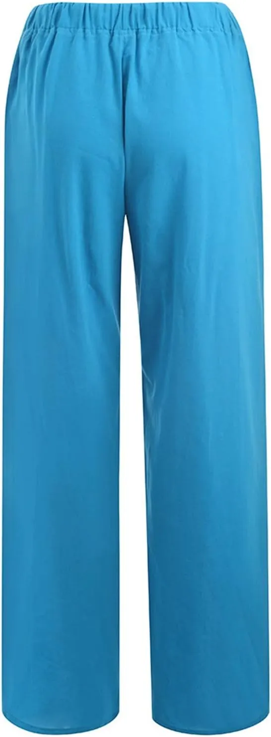 Womens Low-Rise Flowy Linen Pants Summer Beach Relax Fit Sweatpants Aesthetic Drawstring Bootcut Trousers with Pockets