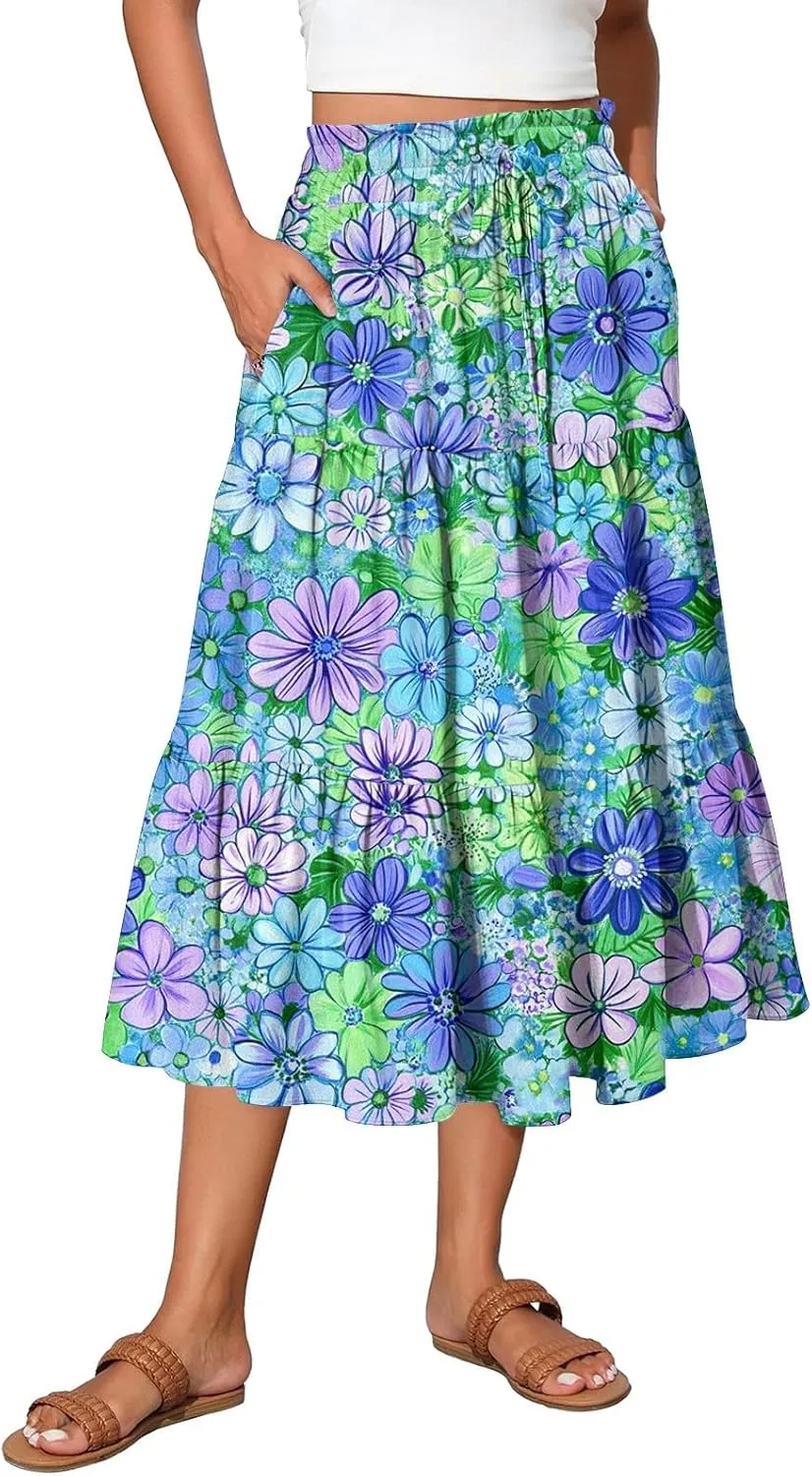Women's Midi Boho Floral Tiered Skirts Trendy Drawstring High Elastic Waist A Line Skirt Comfy Flowy Skorts with Pockets