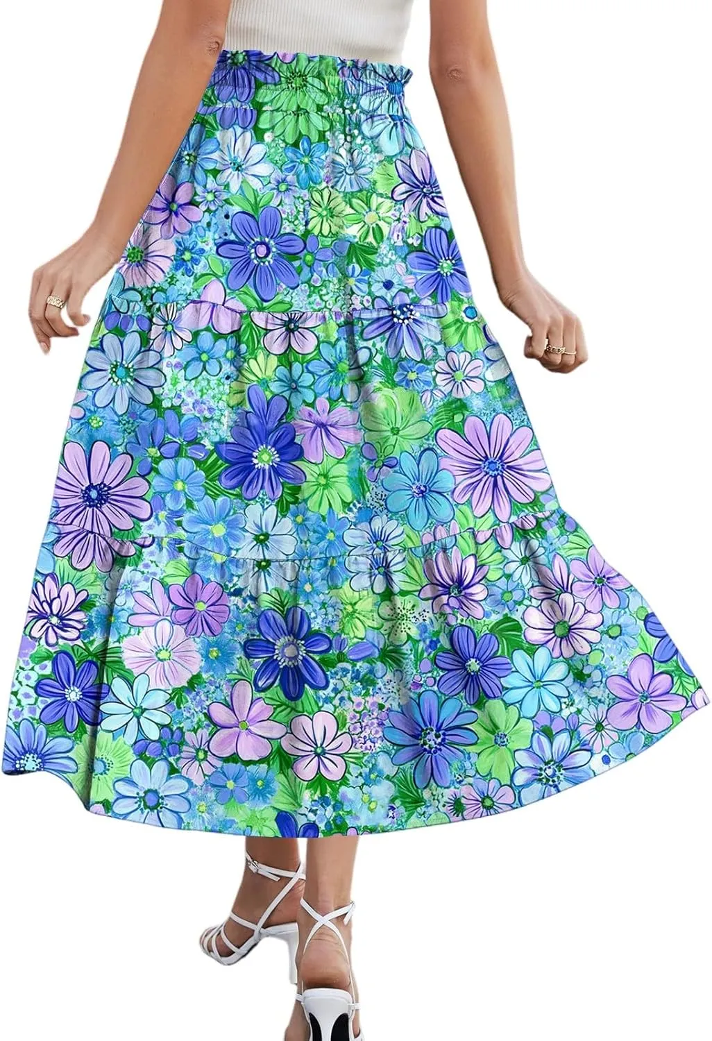 Women's Midi Boho Floral Tiered Skirts Trendy Drawstring High Elastic Waist A Line Skirt Comfy Flowy Skorts with Pockets