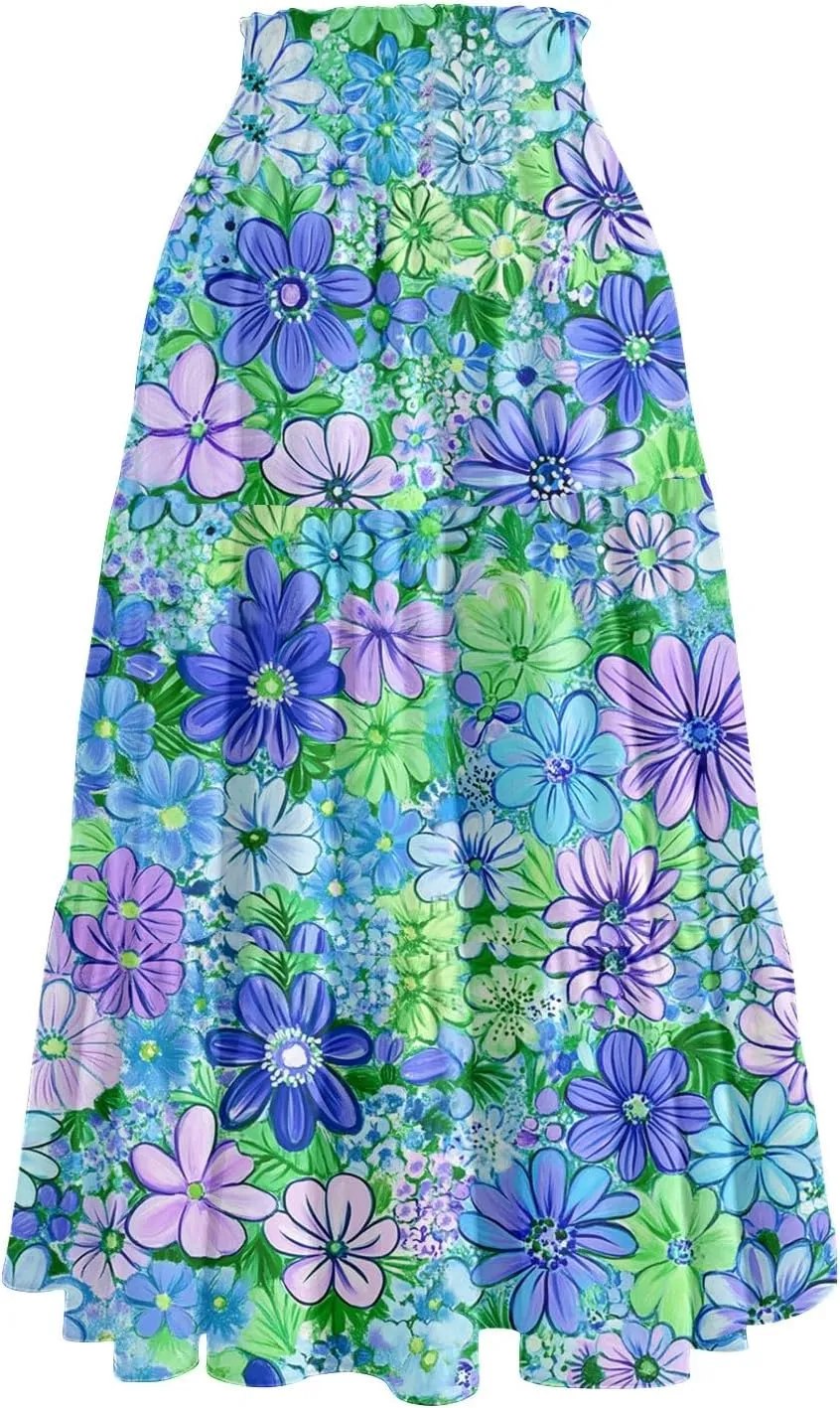 Women's Midi Boho Floral Tiered Skirts Trendy Drawstring High Elastic Waist A Line Skirt Comfy Flowy Skorts with Pockets