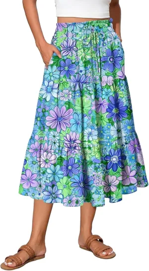 Women's Midi Boho Floral Tiered Skirts Trendy Drawstring High Elastic Waist A Line Skirt Comfy Flowy Skorts with Pockets
