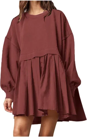 Womens Mini Sweatshirt Dress Oversized Patchwork Color Block Pleated Dresses Long Sleeve Crewneck Pullover Tops