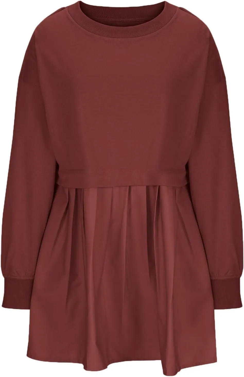 Womens Mini Sweatshirt Dress Oversized Patchwork Color Block Pleated Dresses Long Sleeve Crewneck Pullover Tops
