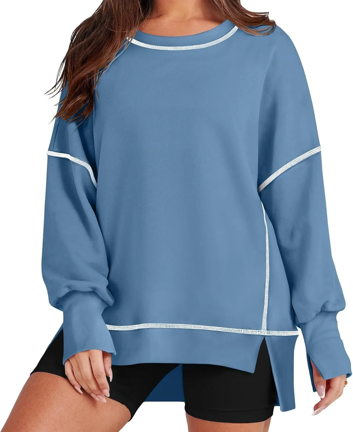 Womens Oversized Crewneck Sweatshirts Casual Long Sleeve Trendy Contrast Stitching High Low Fall Pullover Tops