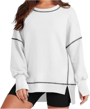 Womens Oversized Crewneck Sweatshirts Casual Long Sleeve Trendy Contrast Stitching High Low Fall Pullover Tops