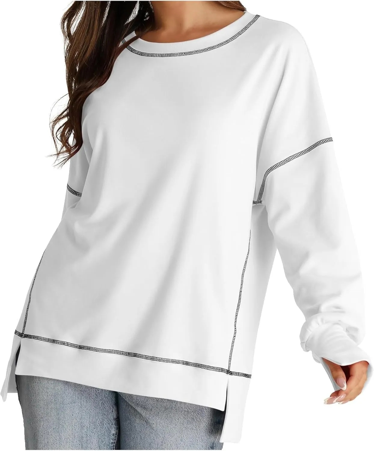 Womens Oversized Crewneck Sweatshirts Casual Long Sleeve Trendy Contrast Stitching High Low Fall Pullover Tops