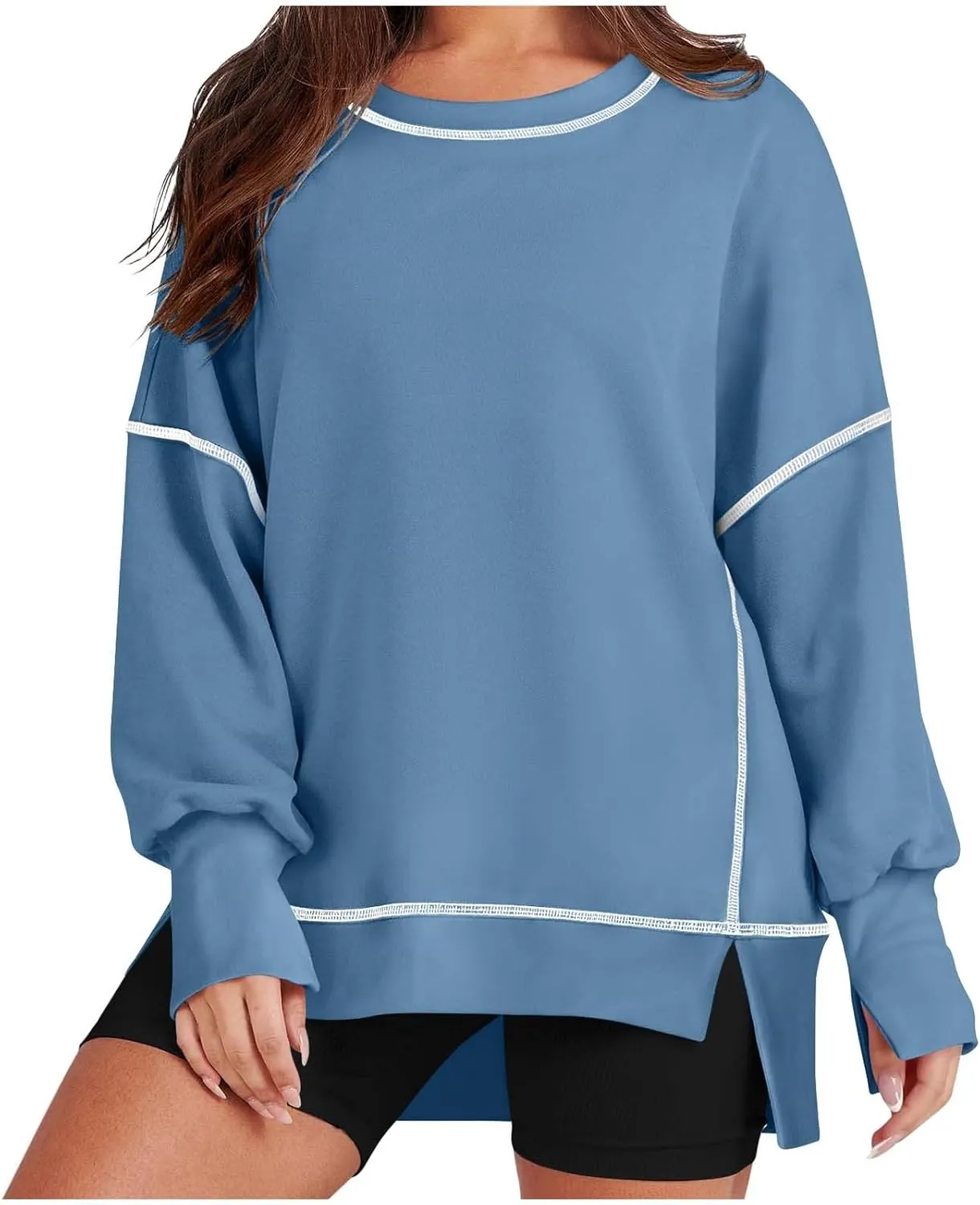 Womens Oversized Crewneck Sweatshirts Casual Long Sleeve Trendy Contrast Stitching High Low Fall Pullover Tops