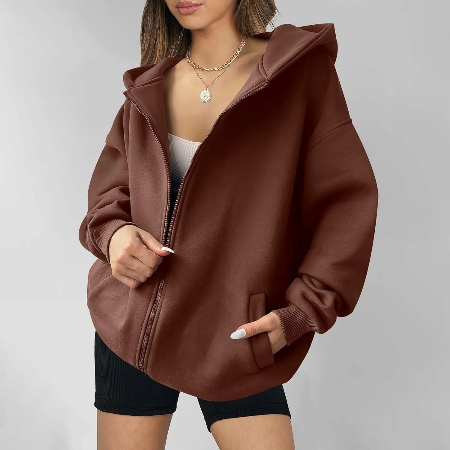Women's Oversized Hooded Sweatshirt Full Zip Up Long Sleeve Jackets With Pockets Fall Outfits Y2K Teen Girls Clothes