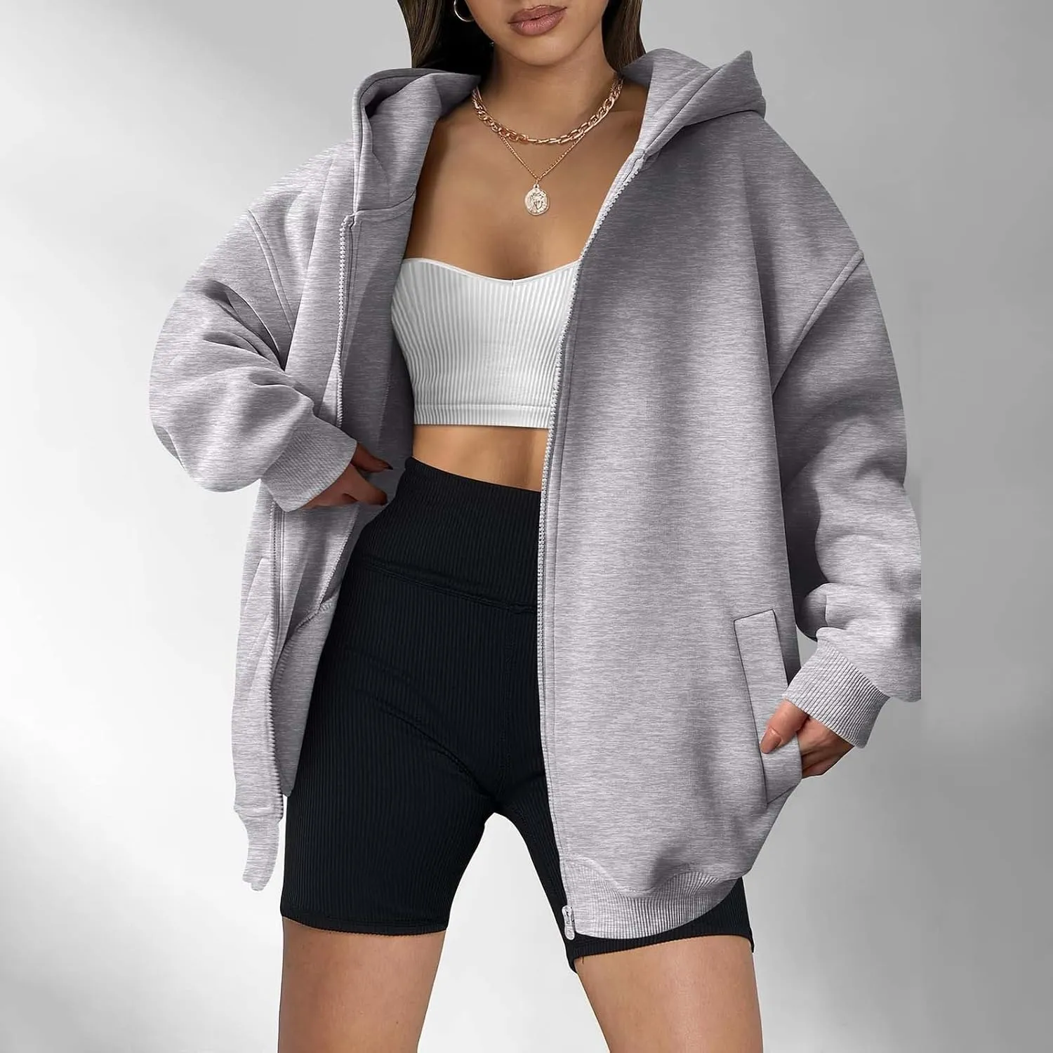 Women's Oversized Hooded Sweatshirt Full Zip Up Long Sleeve Jackets With Pockets Fall Outfits Y2K Teen Girls Clothes