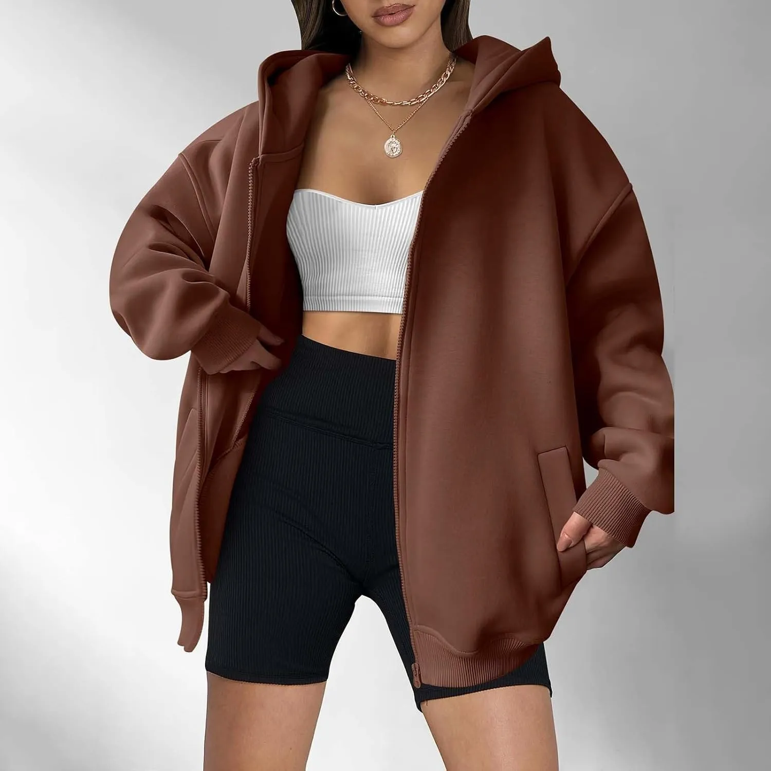 Women's Oversized Hooded Sweatshirt Full Zip Up Long Sleeve Jackets With Pockets Fall Outfits Y2K Teen Girls Clothes