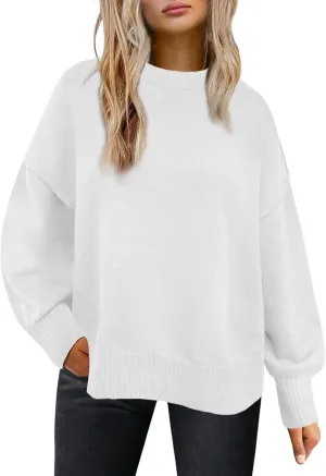 Womens Oversized Sweaters Trendy Ribbed Knit Pullover Tops Side Slit Crewneck Sweatshirts Fall Fashion 2024