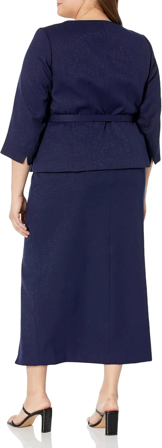 Women's Plus Size Textured Belted Jacket & Long Skirt