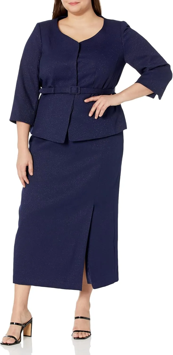 Women's Plus Size Textured Belted Jacket & Long Skirt
