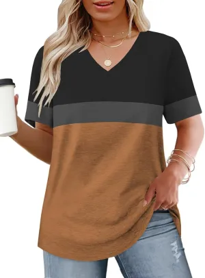 Womens-Plus-Size-Tops Summer Short Sleeve Casual V Neck Tunics Trendy Color Block Fashion T Shirts