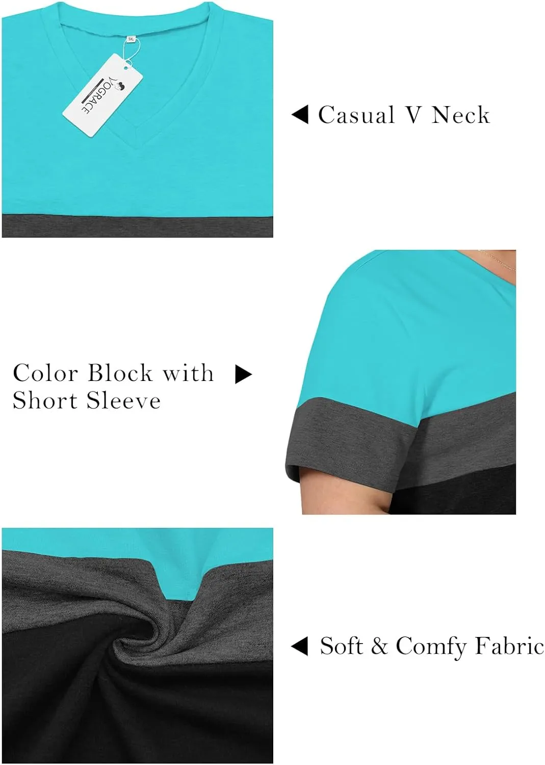 Womens-Plus-Size-Tops Summer Short Sleeve Casual V Neck Tunics Trendy Color Block Fashion T Shirts