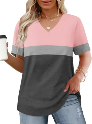 Womens-Plus-Size-Tops Summer Short Sleeve Casual V Neck Tunics Trendy Color Block Fashion T Shirts