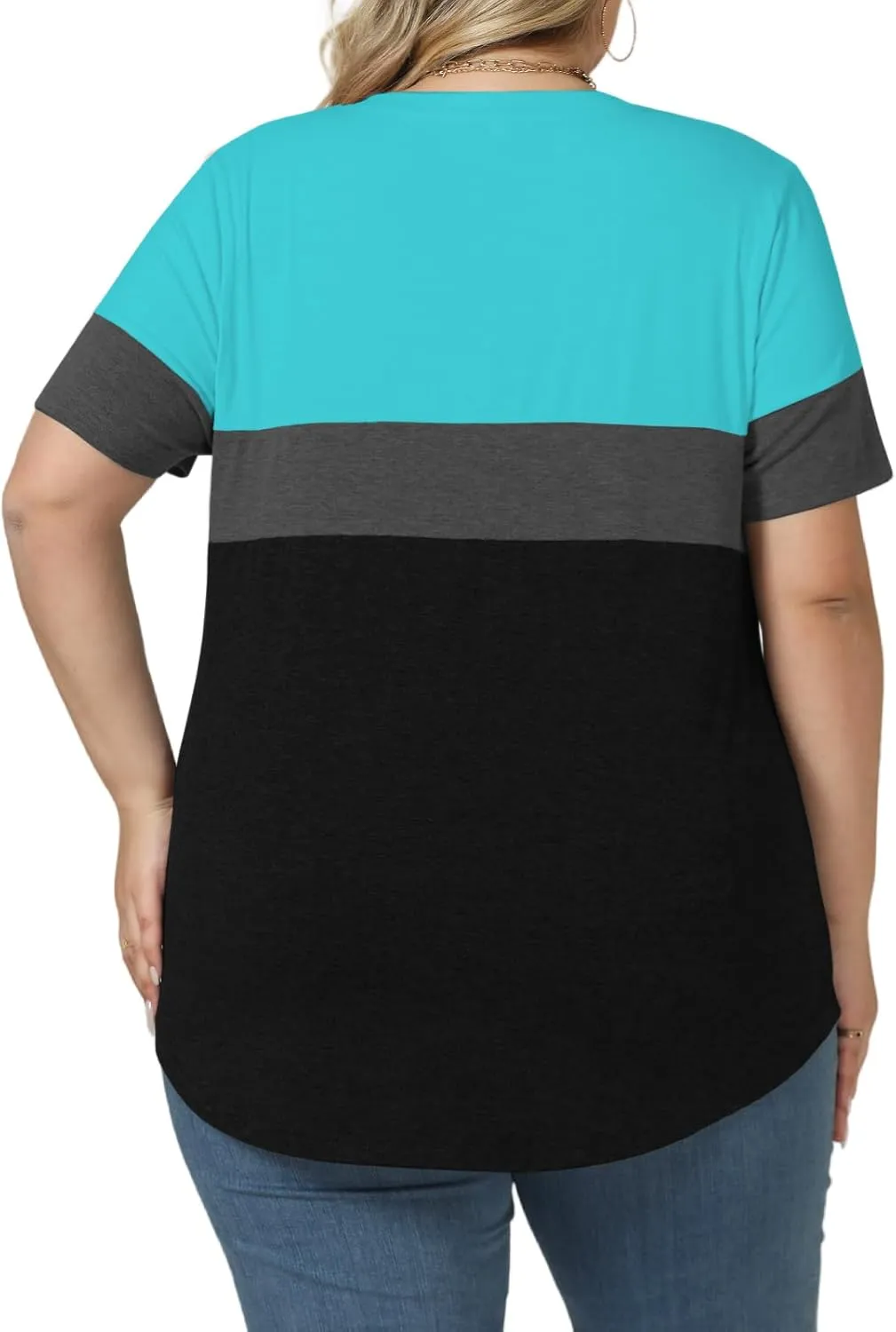 Womens-Plus-Size-Tops Summer Short Sleeve Casual V Neck Tunics Trendy Color Block Fashion T Shirts