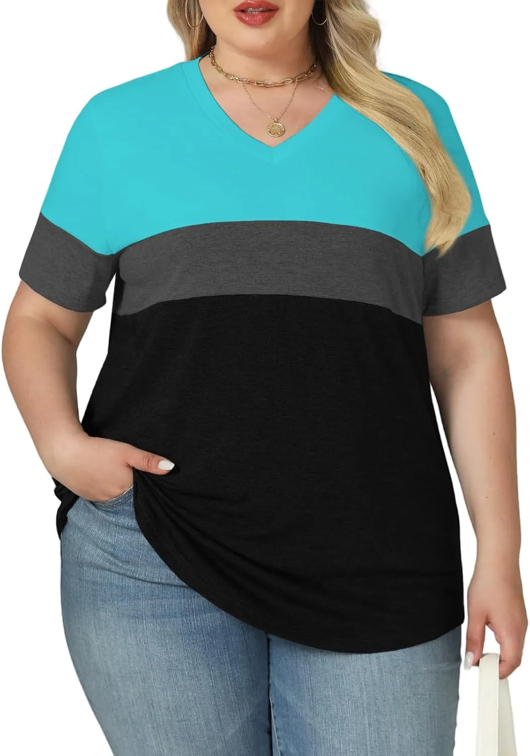Womens-Plus-Size-Tops Summer Short Sleeve Casual V Neck Tunics Trendy Color Block Fashion T Shirts