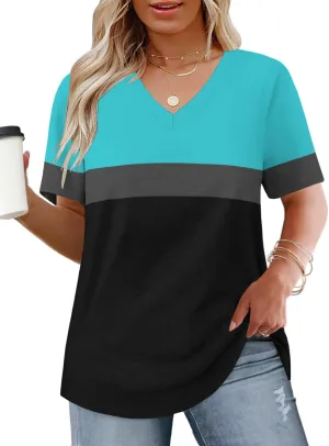 Womens-Plus-Size-Tops Summer Short Sleeve Casual V Neck Tunics Trendy Color Block Fashion T Shirts