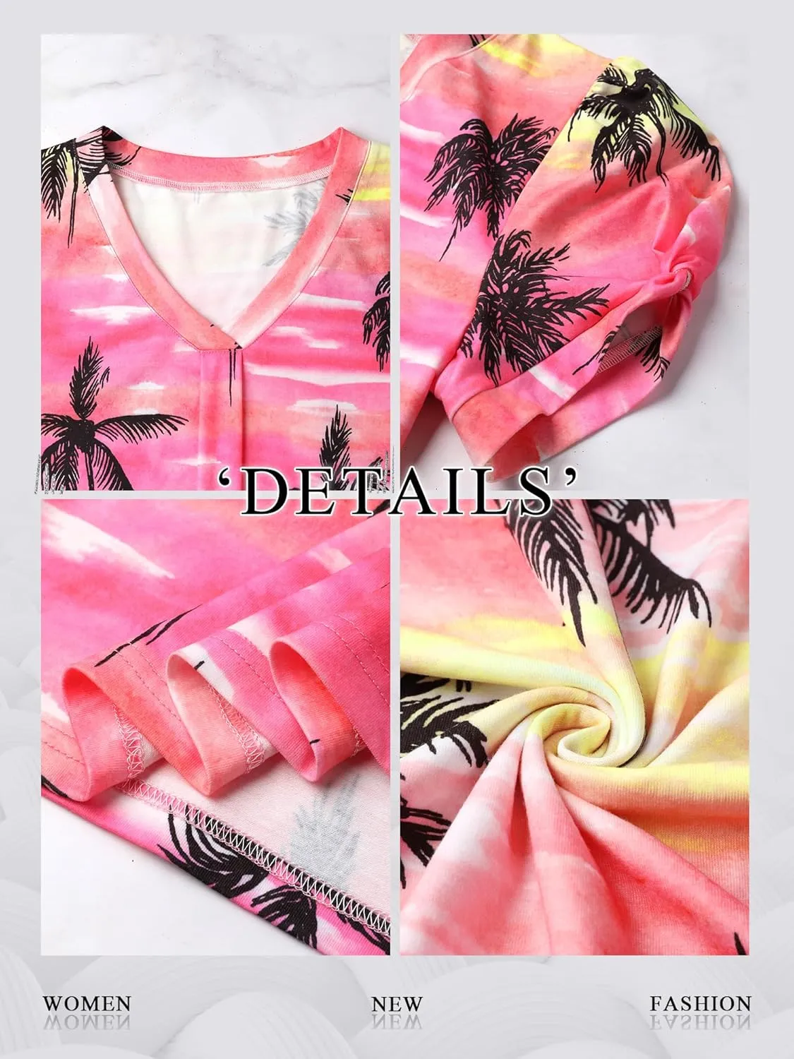 Womens Puff Short Sleeve Hawaiian Shirts Floral Tropic Printed Pleated V Neck Summer Casual T-Shirt Trendy Boho Blouses Tops