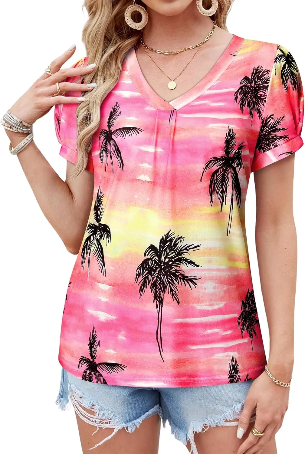 Womens Puff Short Sleeve Hawaiian Shirts Floral Tropic Printed Pleated V Neck Summer Casual T-Shirt Trendy Boho Blouses Tops