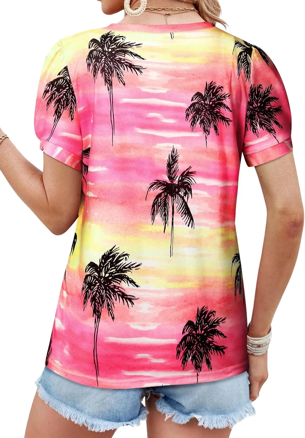 Womens Puff Short Sleeve Hawaiian Shirts Floral Tropic Printed Pleated V Neck Summer Casual T-Shirt Trendy Boho Blouses Tops