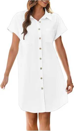 Women's Solid Color Loose Shirt Dresses Stand Up Collar Casual T Shirts Dress Pocket Button Short Sleeved Dresses