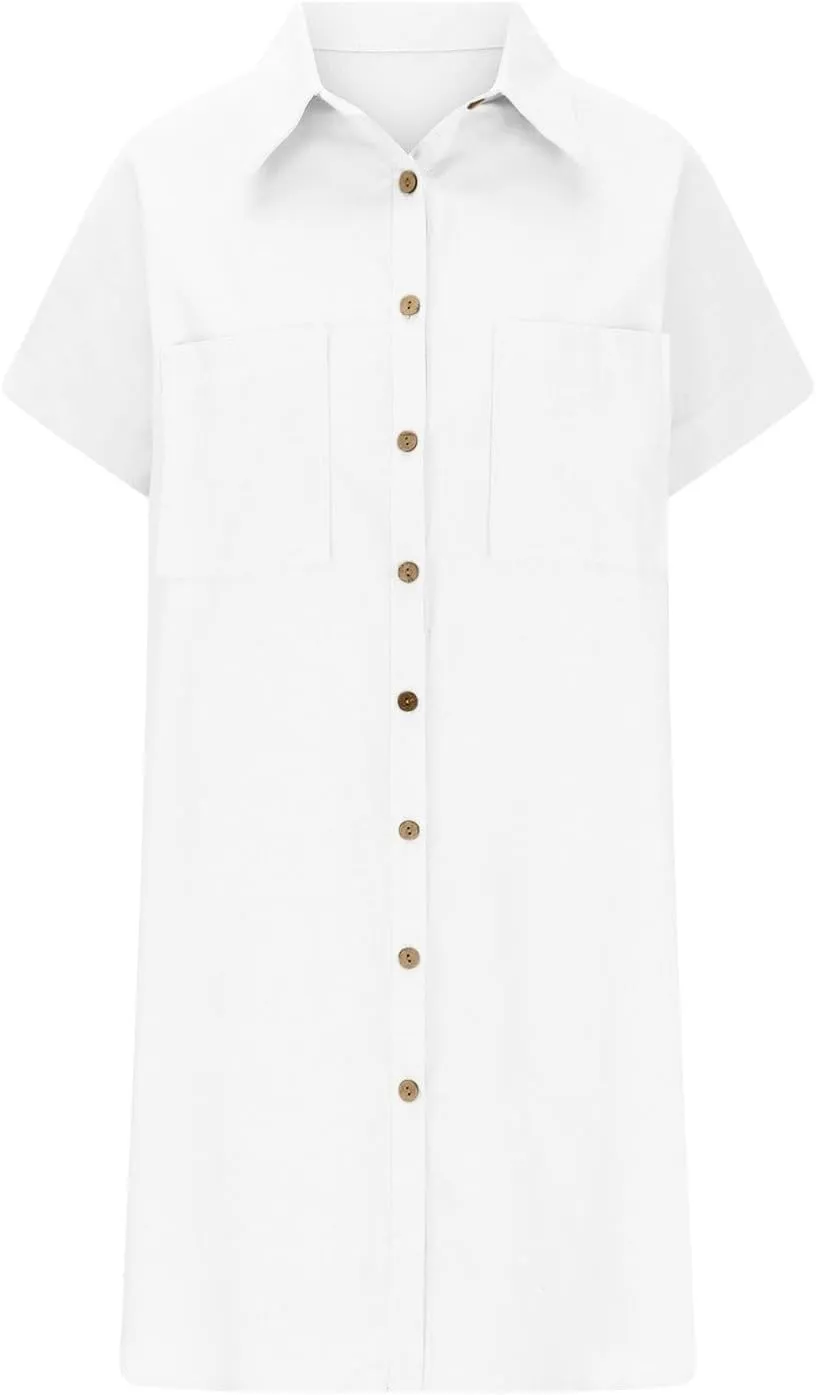 Women's Solid Color Loose Shirt Dresses Stand Up Collar Casual T Shirts Dress Pocket Button Short Sleeved Dresses