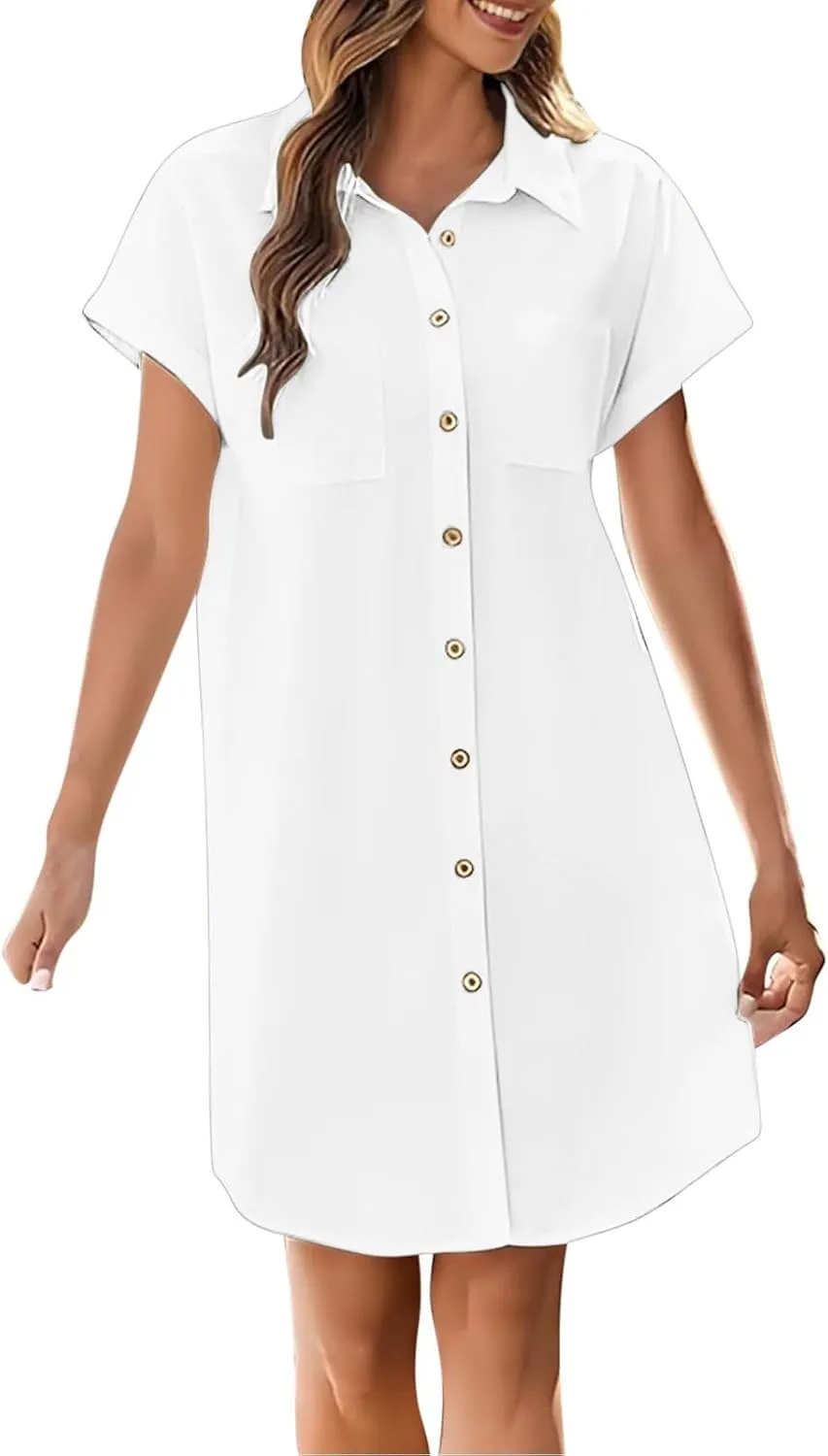 Women's Solid Color Loose Shirt Dresses Stand Up Collar Casual T Shirts Dress Pocket Button Short Sleeved Dresses