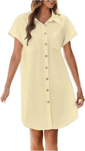 Women's Solid Color Loose Shirt Dresses Stand Up Collar Casual T Shirts Dress Pocket Button Short Sleeved Dresses