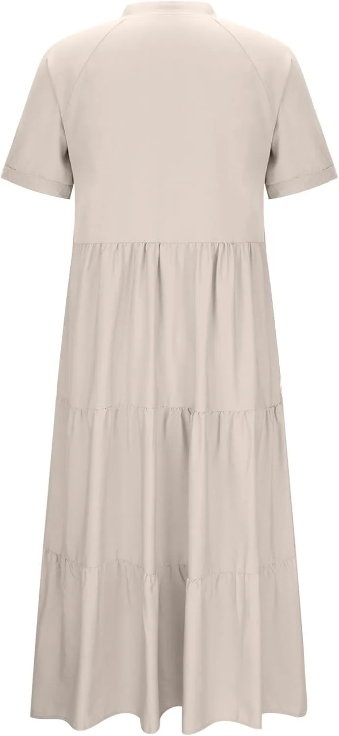 Womens Summer Boho Maxi Dresses 2025 Casual Short Sleeve Button Down Shirts Dress Flowy Tiered Beach Vacation Dress