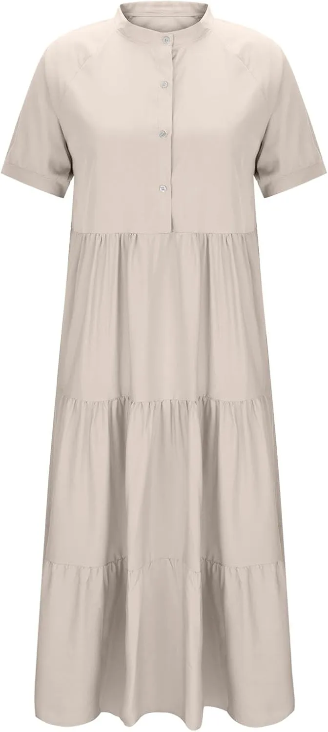 Womens Summer Boho Maxi Dresses 2025 Casual Short Sleeve Button Down Shirts Dress Flowy Tiered Beach Vacation Dress