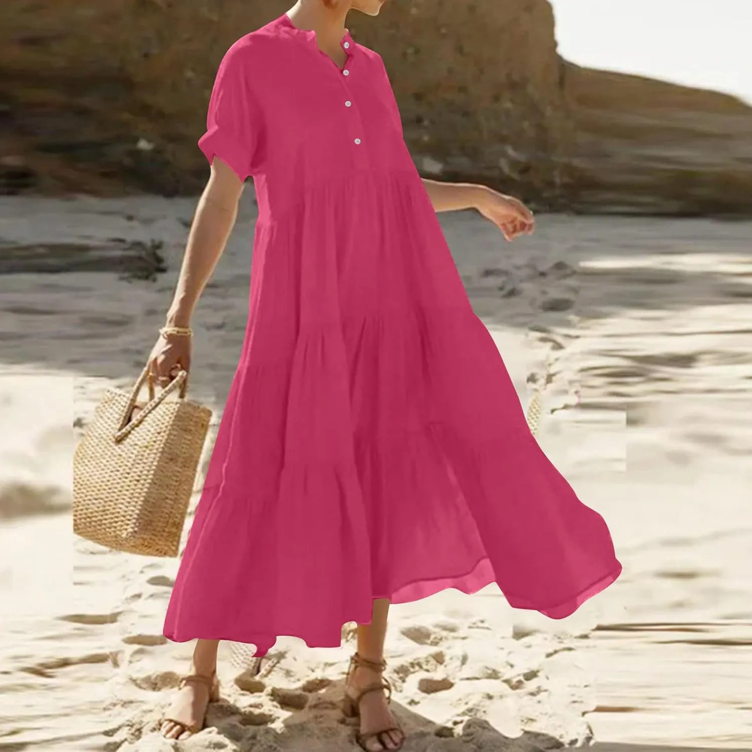 Womens Summer Boho Maxi Dresses 2025 Casual Short Sleeve Button Down Shirts Dress Flowy Tiered Beach Vacation Dress