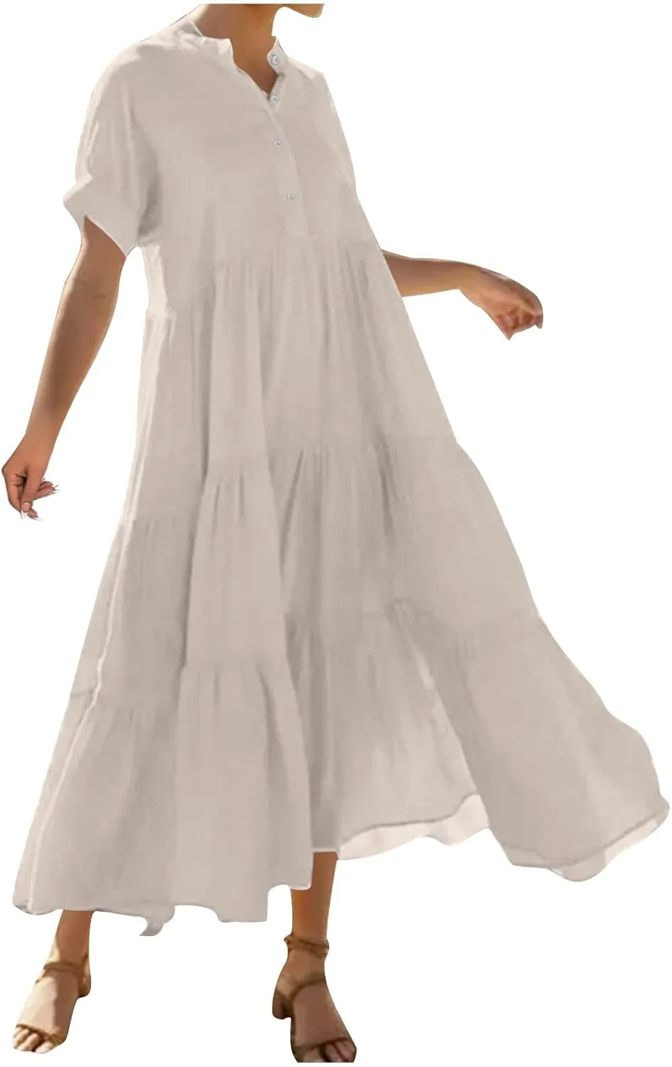 Womens Summer Boho Maxi Dresses 2025 Casual Short Sleeve Button Down Shirts Dress Flowy Tiered Beach Vacation Dress